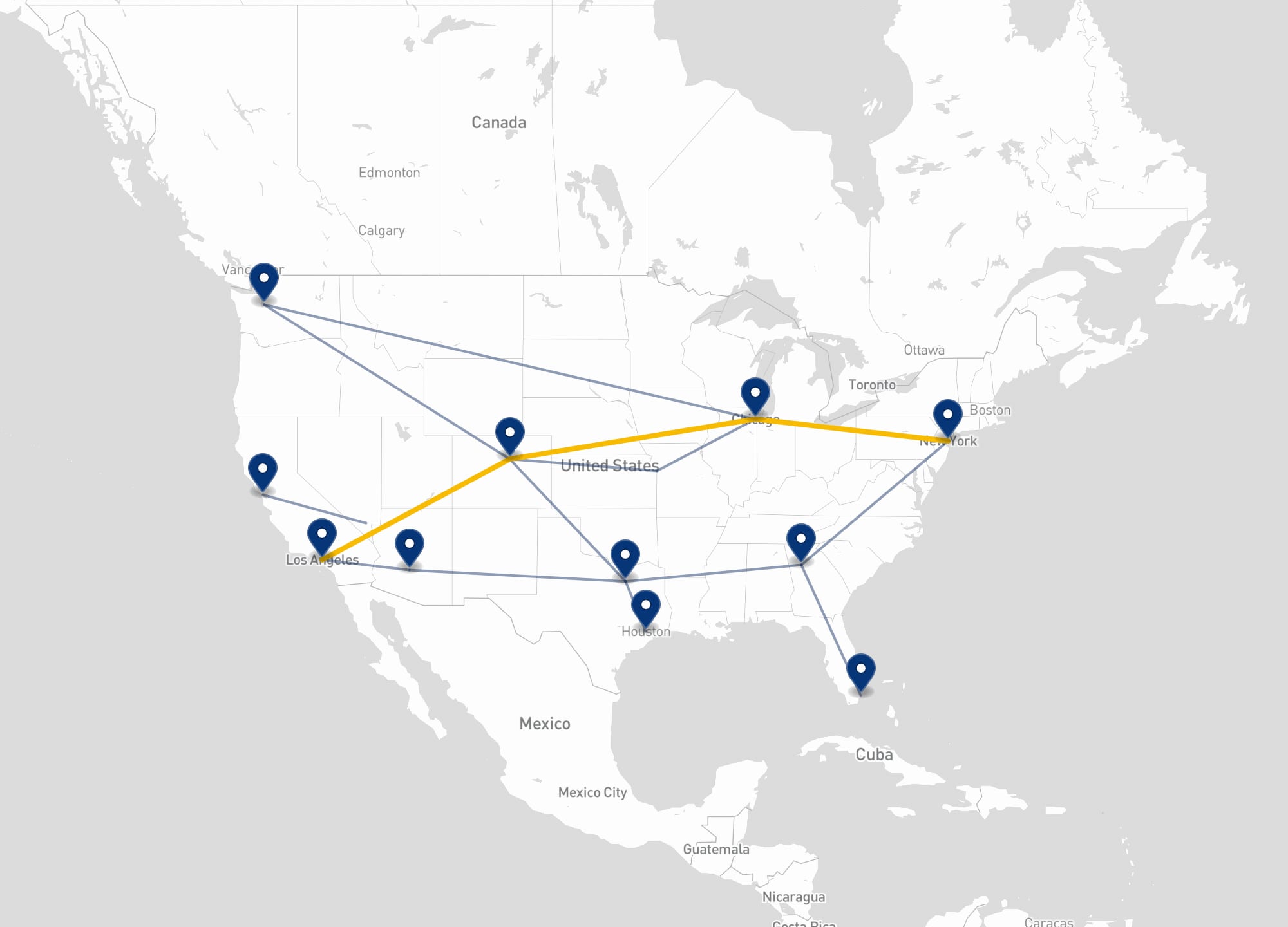 Map of the United States showing Melcore's nationwide vehicle transport routes across major metros, with a highlighted cross-country lane